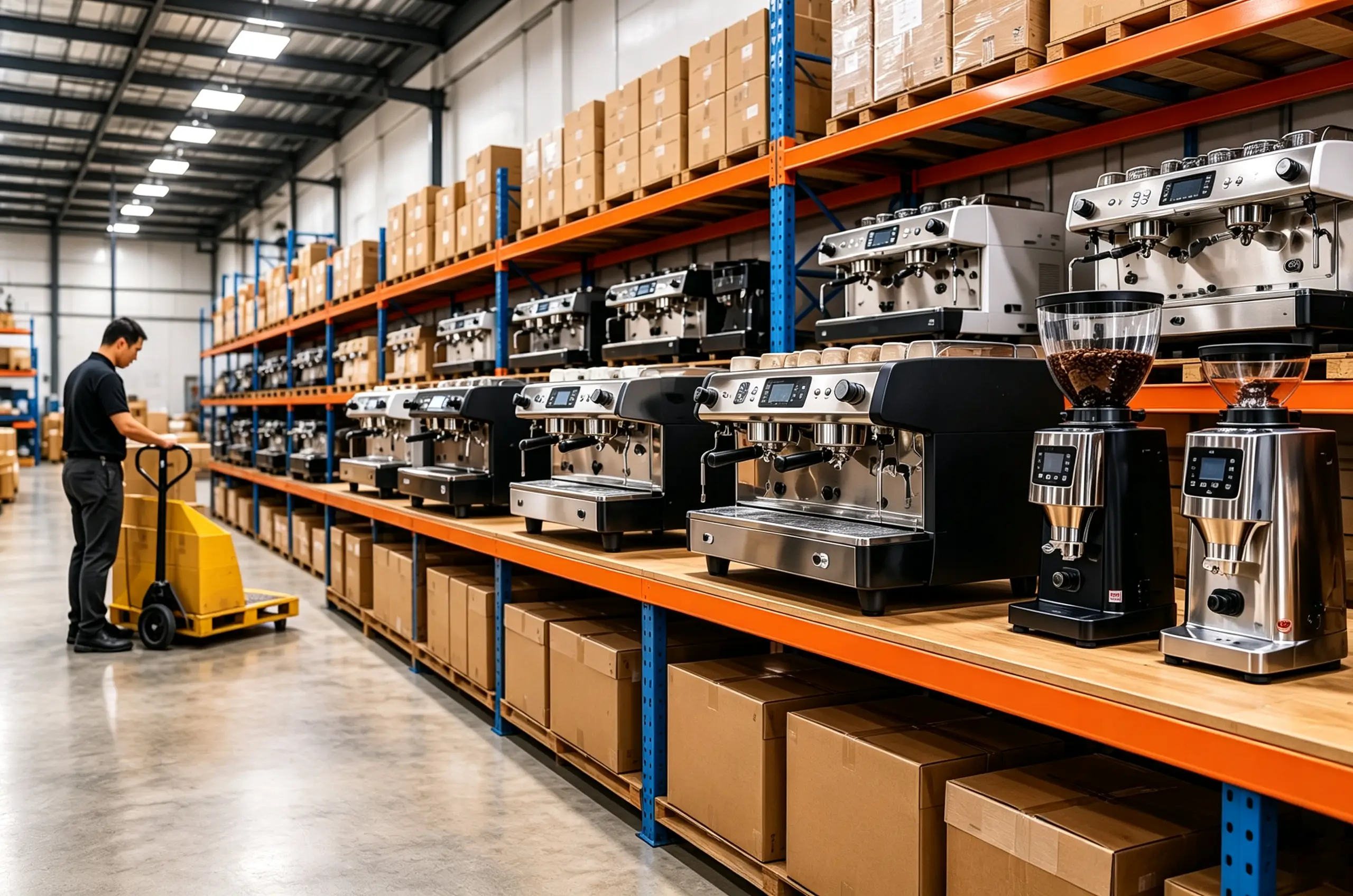 Coffee equipment distributor warehouse with machines on shelves
