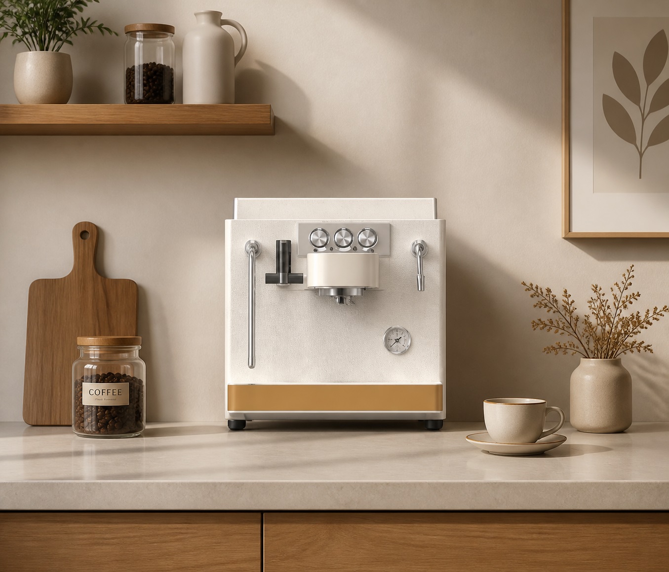 Compact home espresso machine in white on a kitchen counter