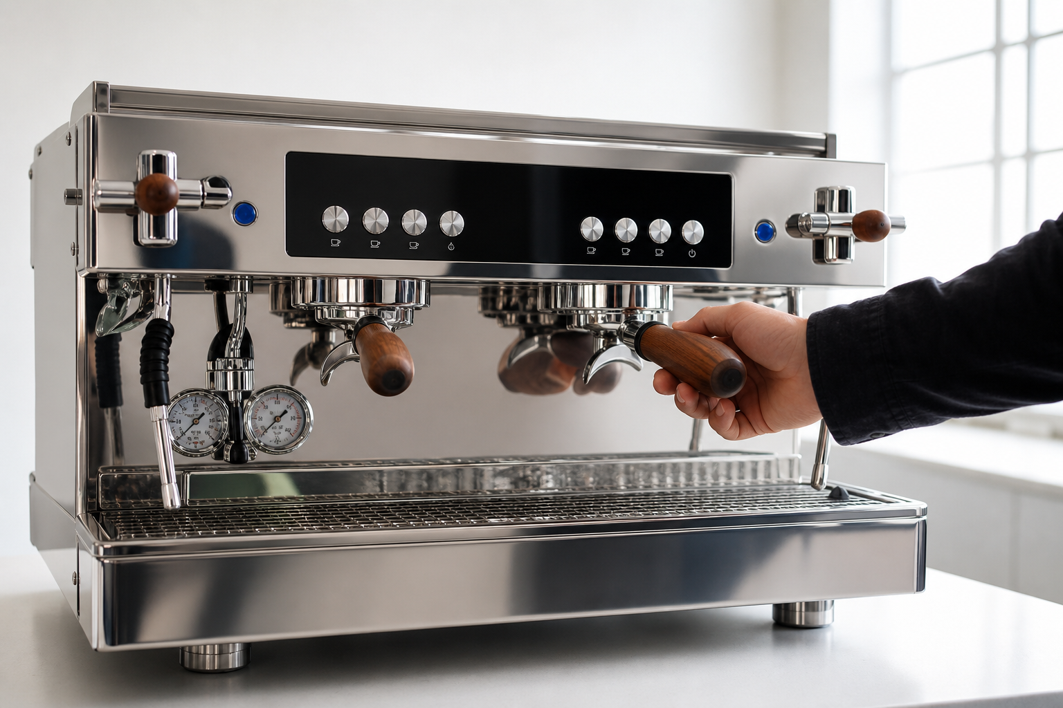 Two-group commercial espresso machine in stainless steel