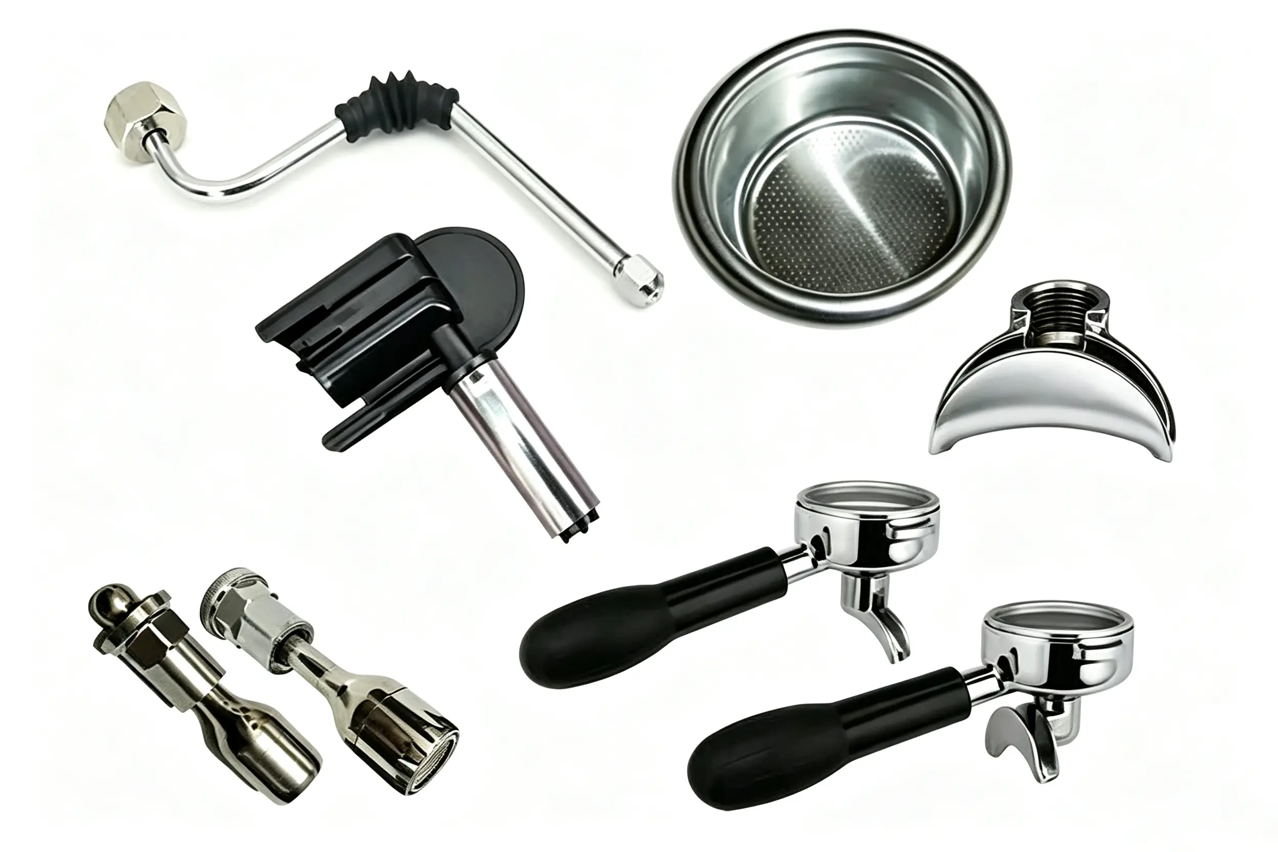 Collection of espresso machine spare parts and components
